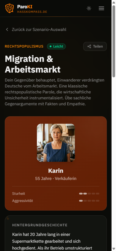 ParoKI Briefing-Seite mit Avatar und Hintergrundgeschichte