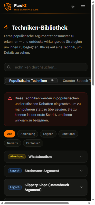 ParoKI Techniken-Bibliothek mit Argumentationstechniken